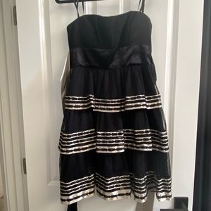 BCBG Strapless Midi Dress in Black with Champagne accents and bow